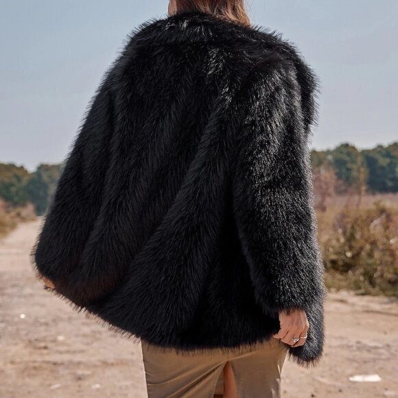 Black Preppy Womens Lapel Neck Slant Pockets Fuzzy Coat - Picture 2 of 5